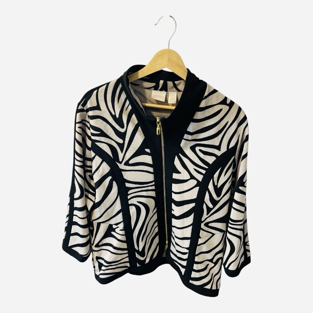 Chico's Chelsea Collection Zebra Print Jacket Large (2) Taupe Black Vintage Rare